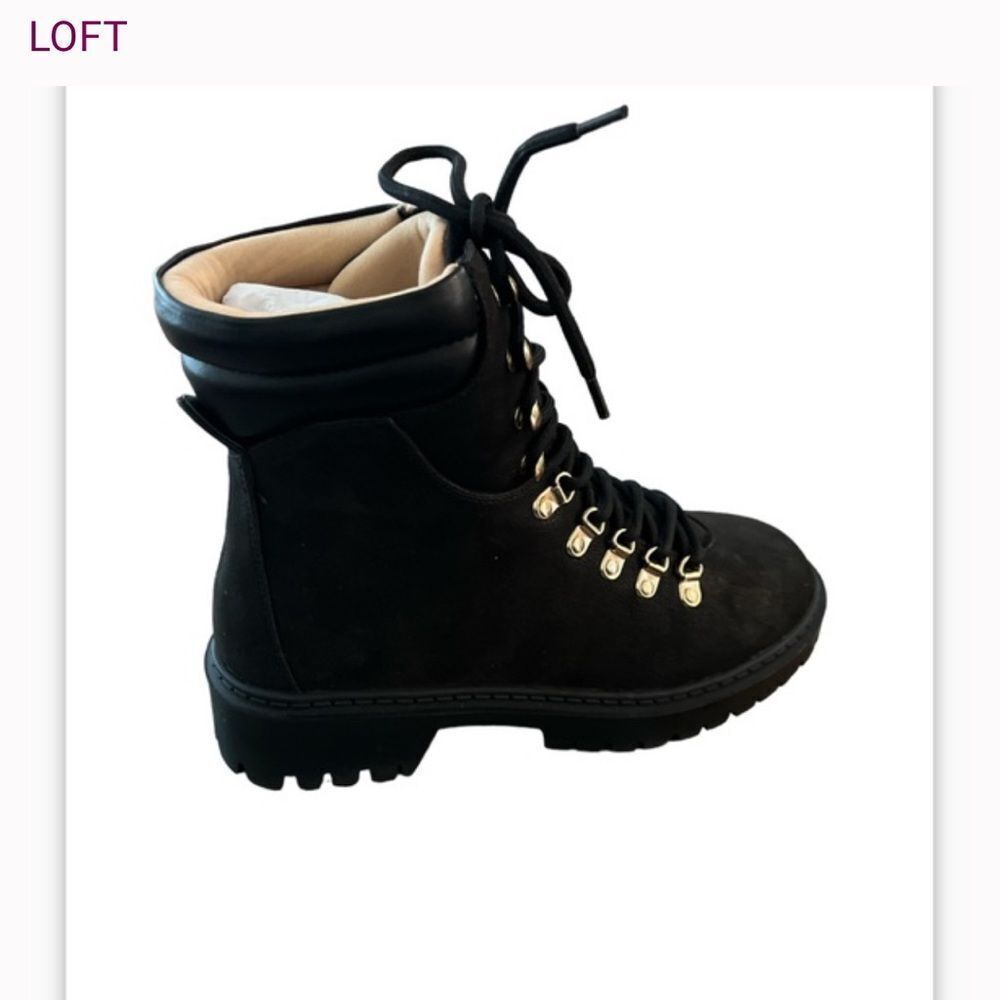 Womens Black Faux Leather Lace Up Lug Sole Combat Boots